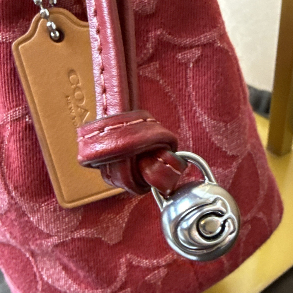 Coach Red Denim Mini Faye Drawstring Bag Crossbody NWT - Picture 8 of 10